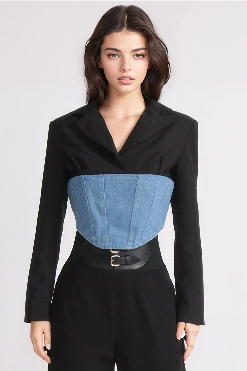 Cropped Blazer with Denim Corset at Waist - Black - Image 3