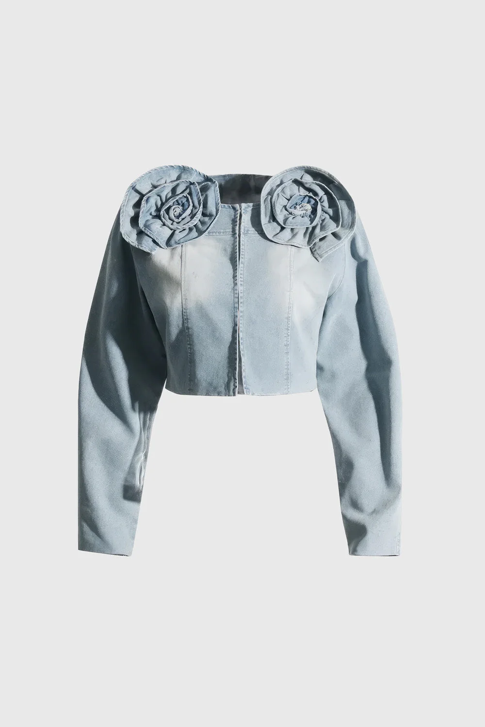 Cropped Denim Jacket with Flowers - Blue - Image 4
