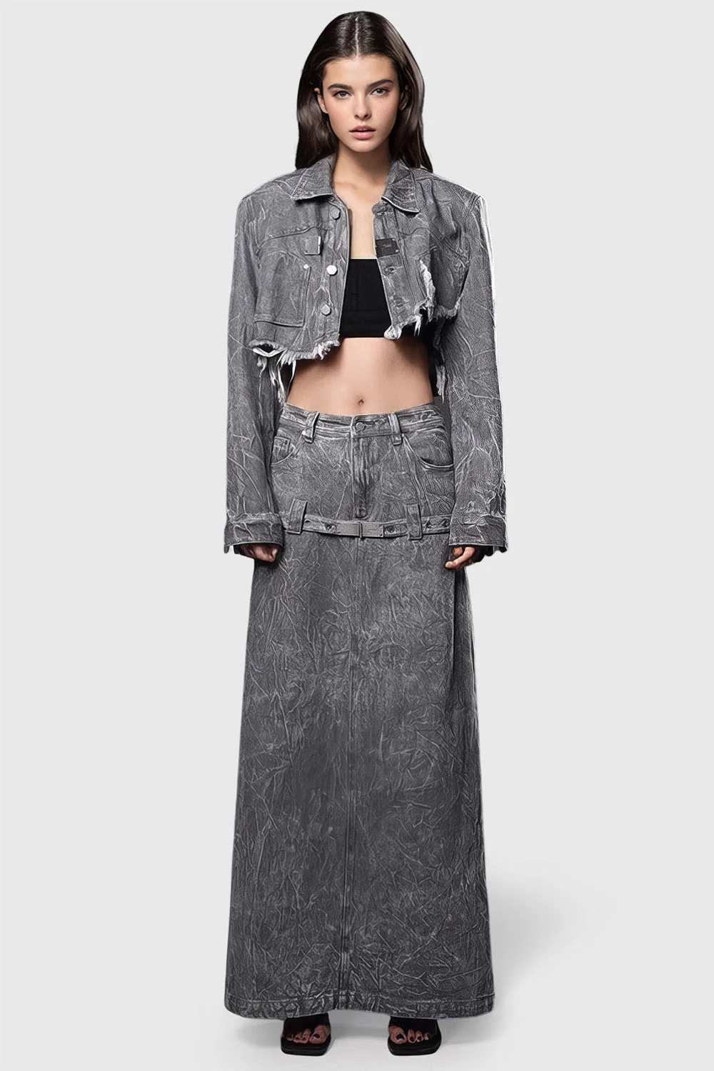 Cropped Denim Jacket with Ripped Hem - Grey - Image 2