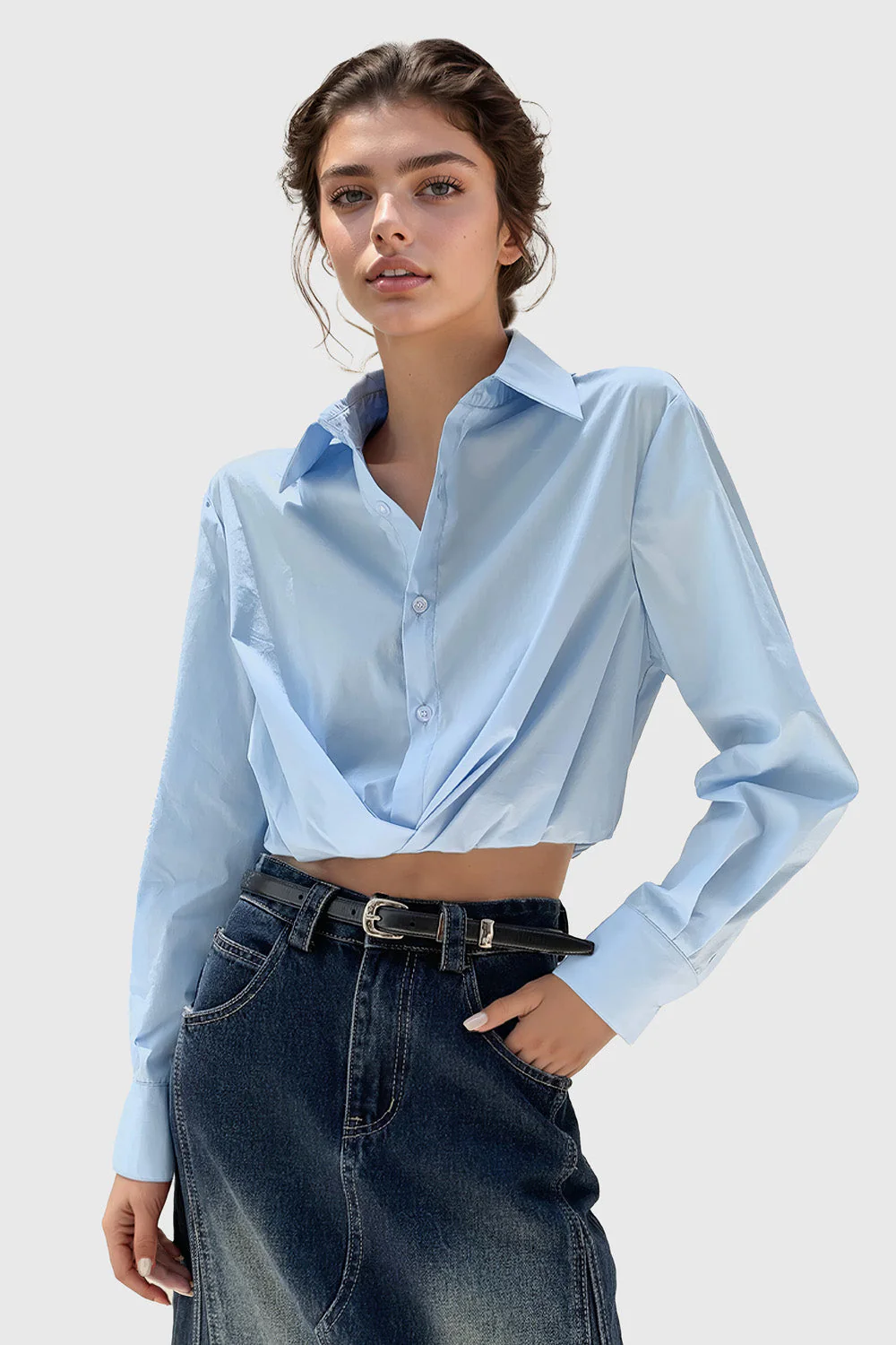 Cropped Shirt with Elastic Hem - Blue - Image 3
