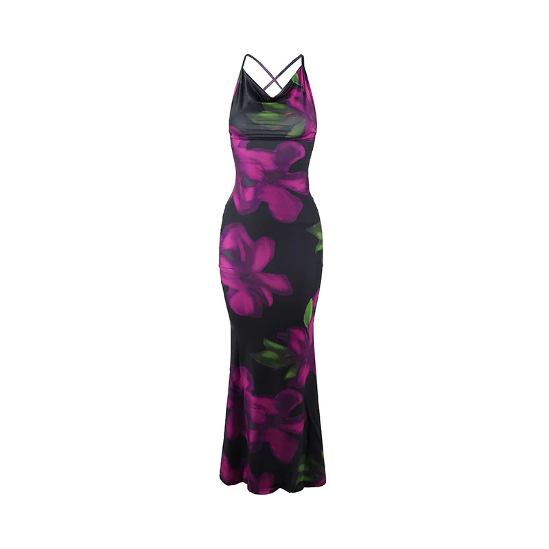 Cross-Sleeved Floral Print Dress