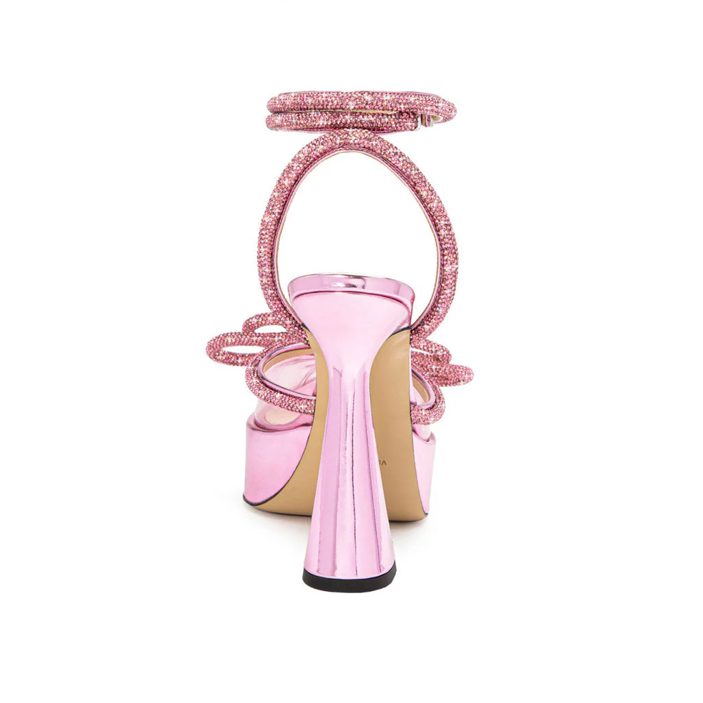 Crystal Bow Detail Clear Pointed Toe Sculpted Heel Platform Pumps - Pink - Image 2