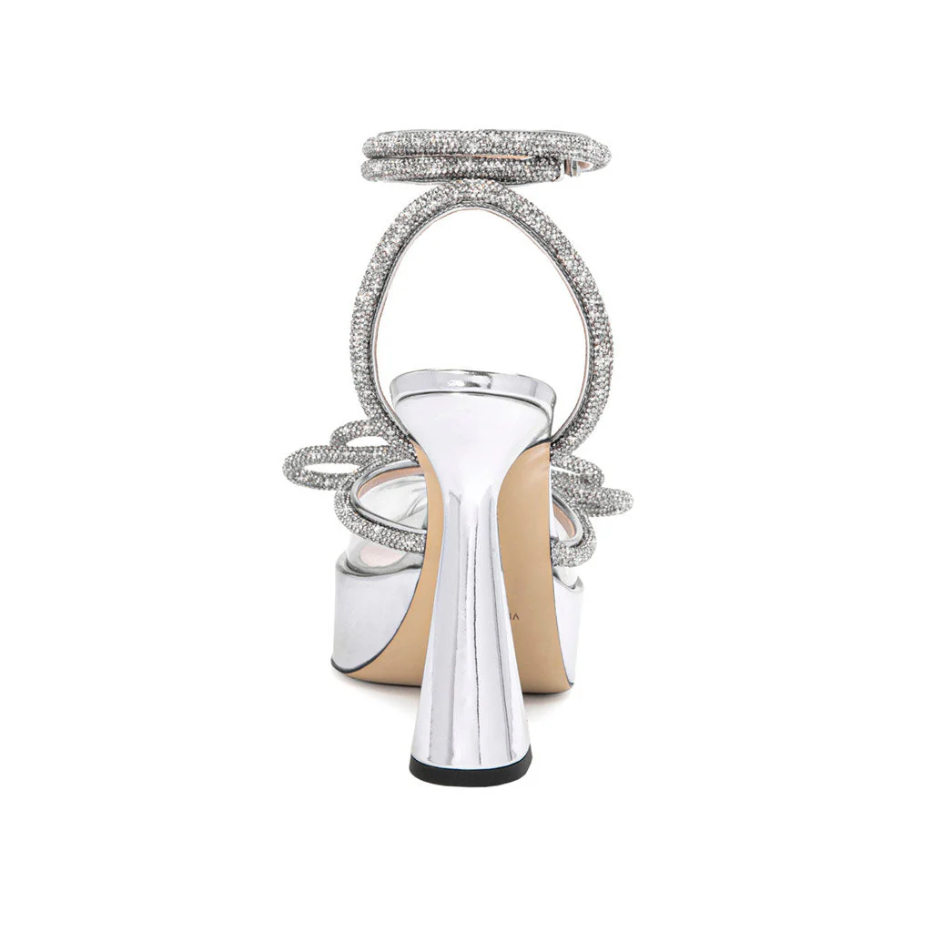 Crystal Bow Detail Clear Pointed Toe Sculpted Heel Platform Pumps - Silver - Image 3