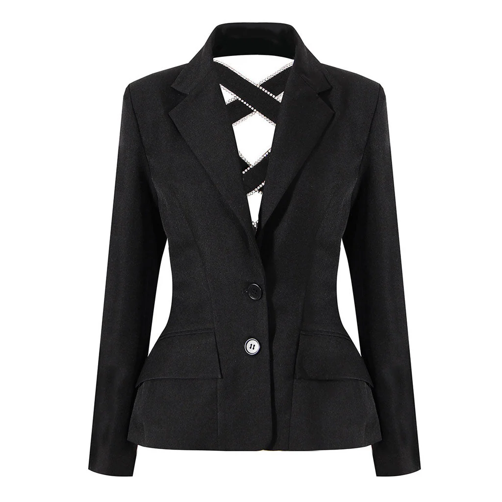 Crystal Bow Detail Criss Cross CutOut Single Breasted Peplum Blazer - Black - Image 2