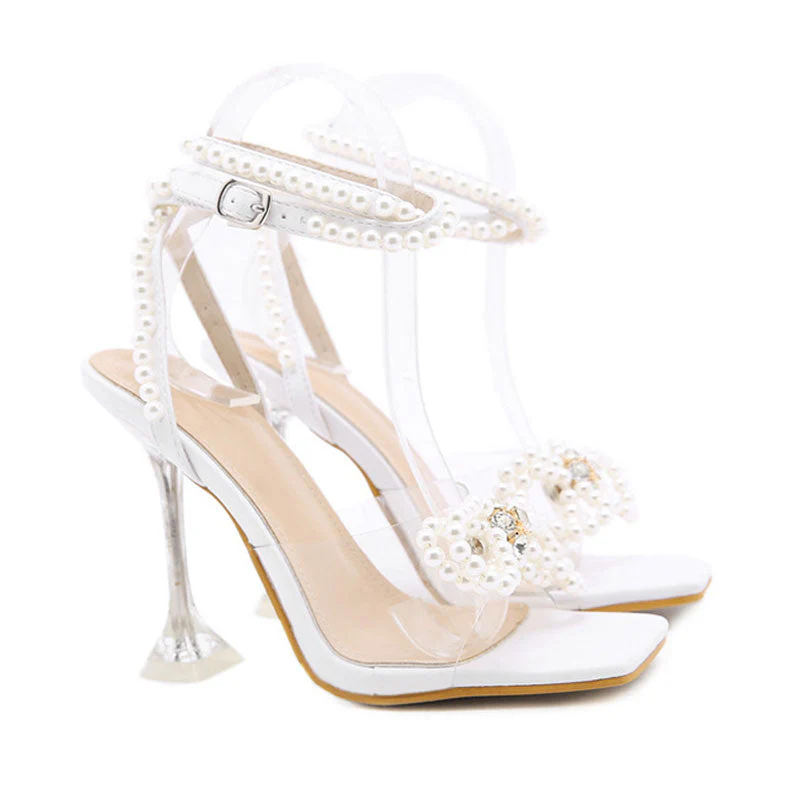 Crystal Pearl Strap Bowknot Trim Unique High Heel Sandals - White - Image 3