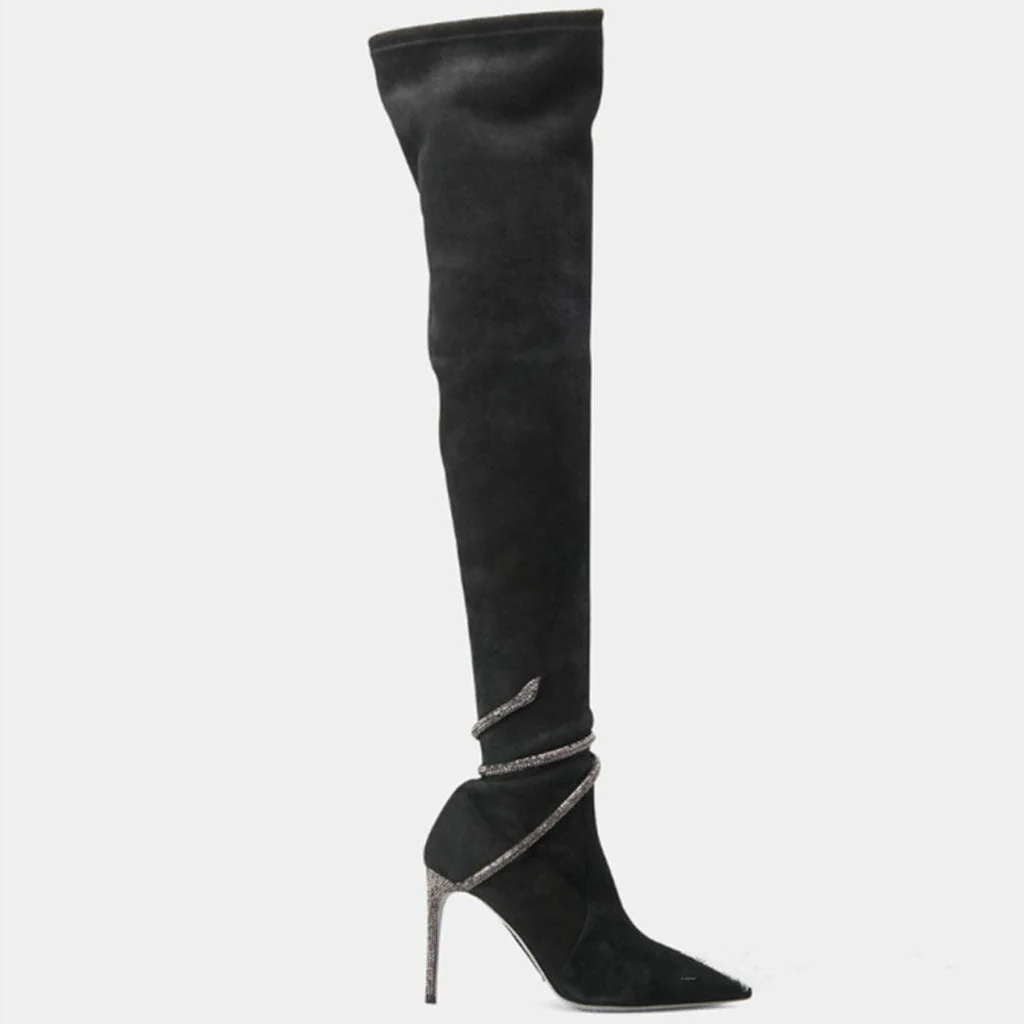 Crystal Snake Embellished Pointed Toe Over Knee Suede Boots - Black - Image 2