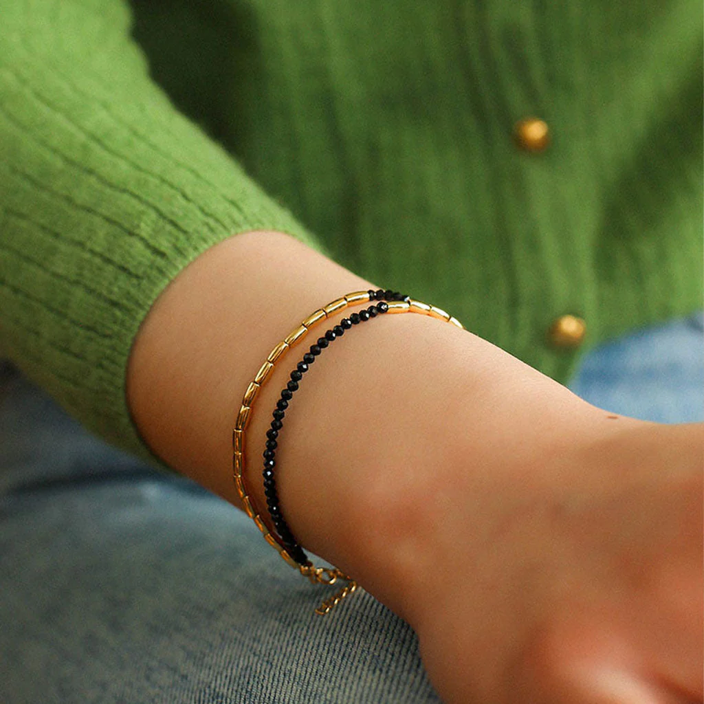 Cute 18K Gold Plated Double Line Colored Gemstone Beaded Bracelet - Image 2