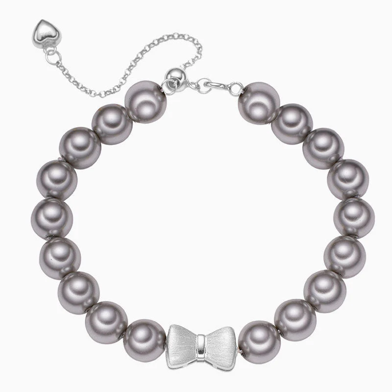 Cute Bow Knot Two Tone Bolo Slider Slider Sterling Crystal Pearl Bracelet - Image 2