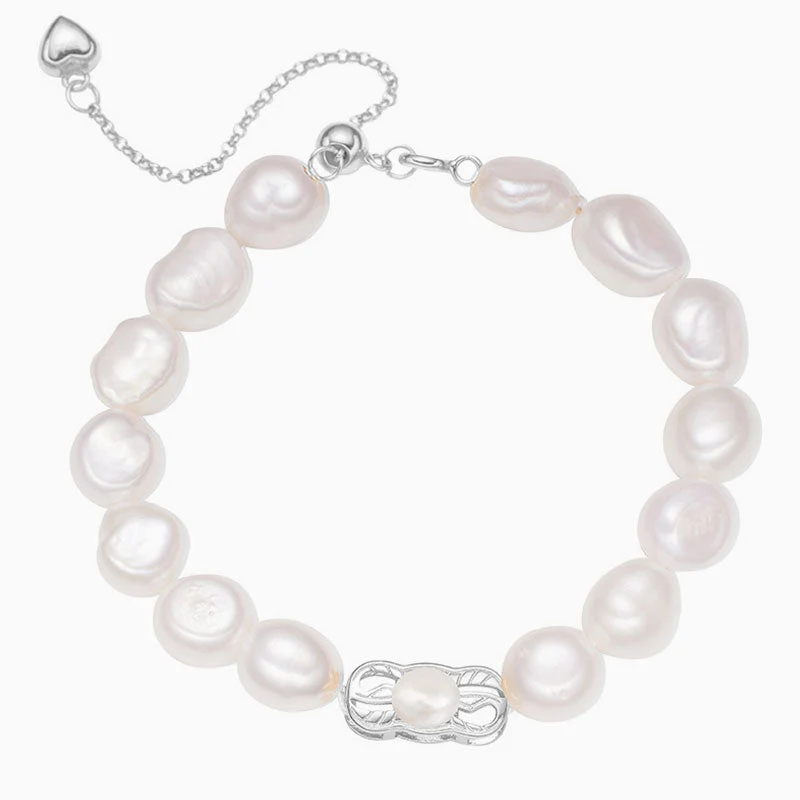 Cute Bow Knot Two Tone Bolo Slider Sterling Silver Baroque Pearl Bracelet - Image 2