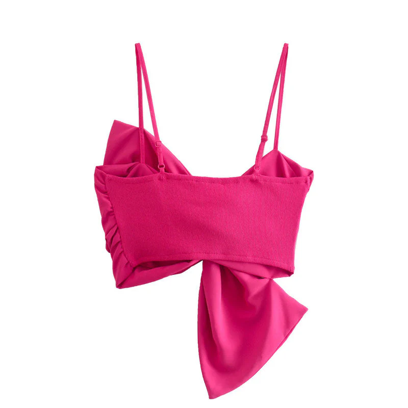 Cute Bow Tie Embellished Ribbed Trim Sleeveless Crop Top - Hot Pink - Image 3