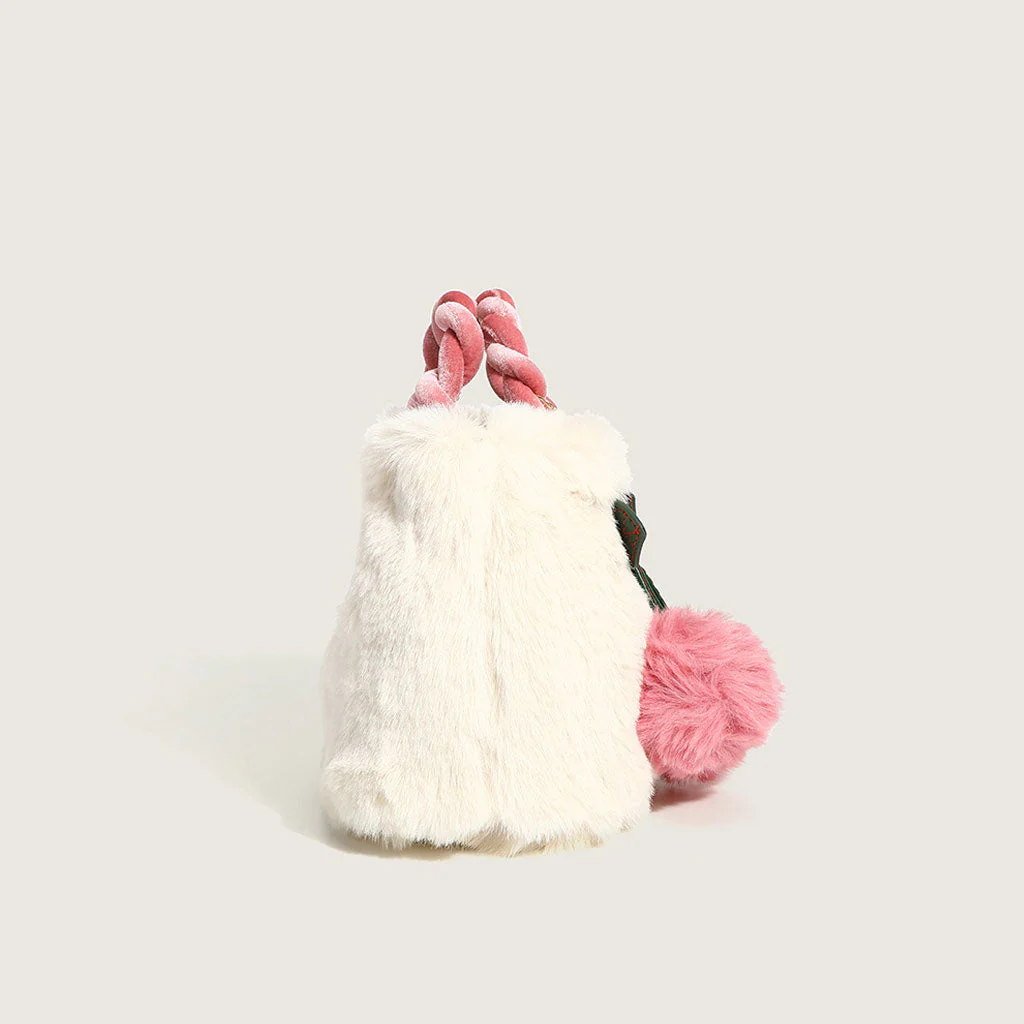 Cute Cherry Trim Twist Shoulder Strap Fluffy Tote Bag - White - Image 2