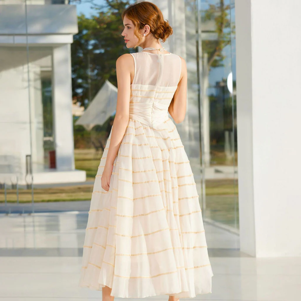 Cute Crew Neck Bow Tie High Waist A Line Sleeveless Striped Tulle Maxi Dress - Image 3