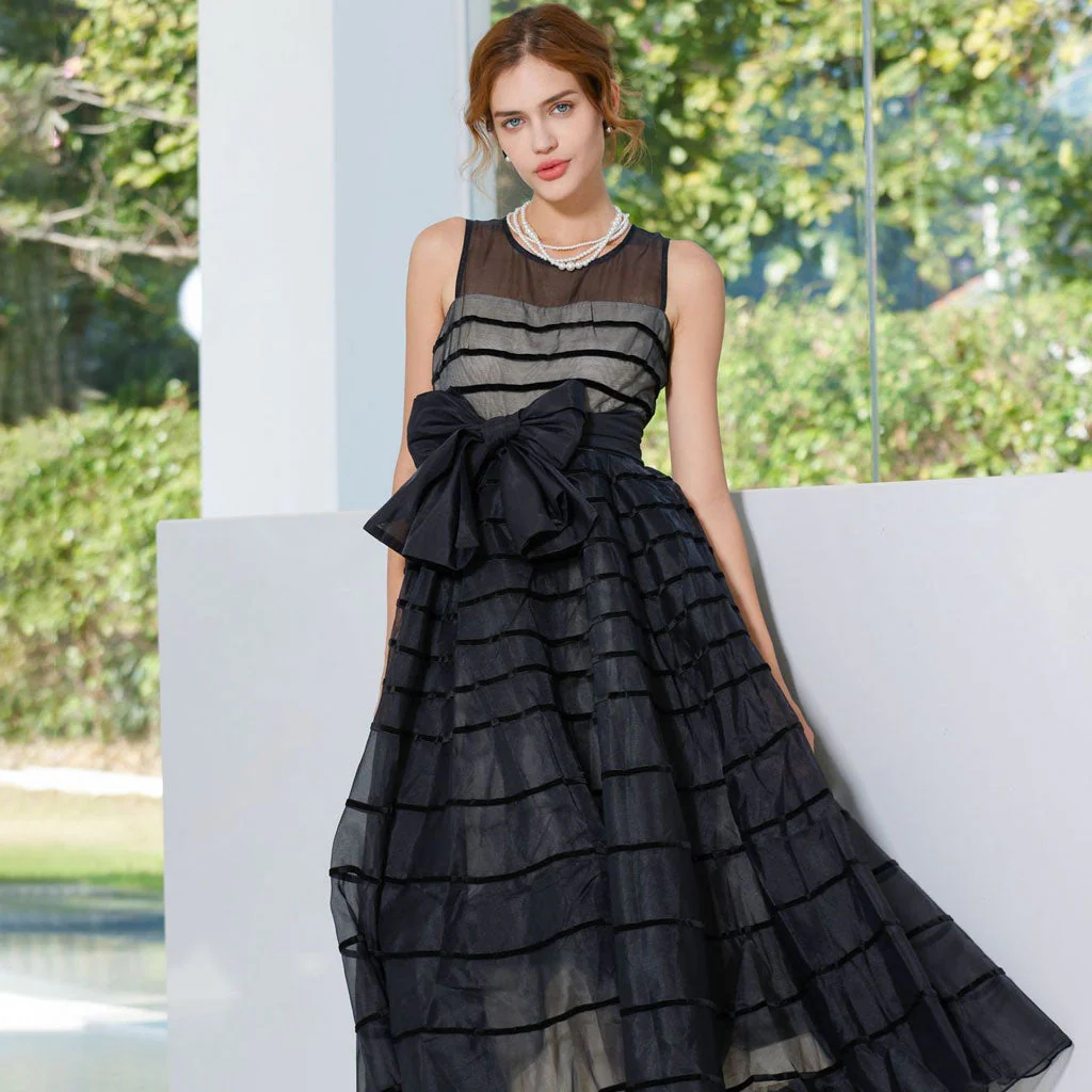 Cute Crew Neck Bow Tie High Waist A Line Sleeveless Striped Tulle Maxi Dress - Image 5