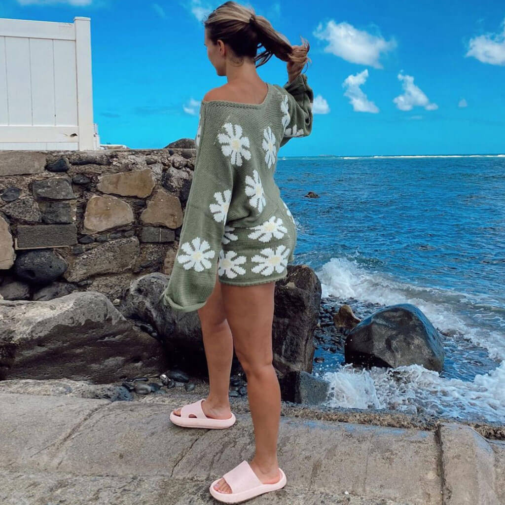Cute Floral Print Pullover Knit Shorts Matching Set - Green - Image 4