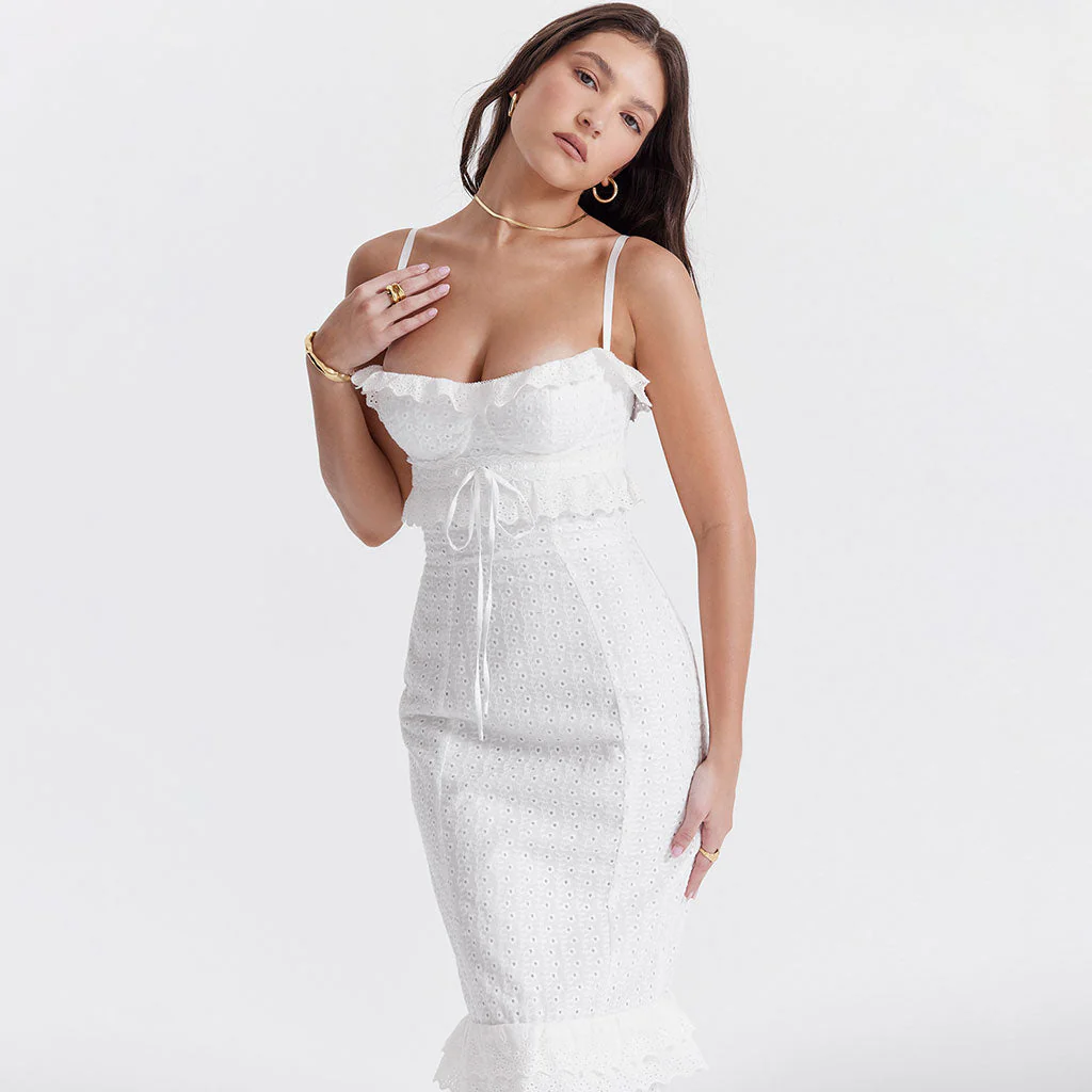 Cute Layered Ruffle Bustier Cami Back Split Broderie Anglaise Maxi Dress - Image 3