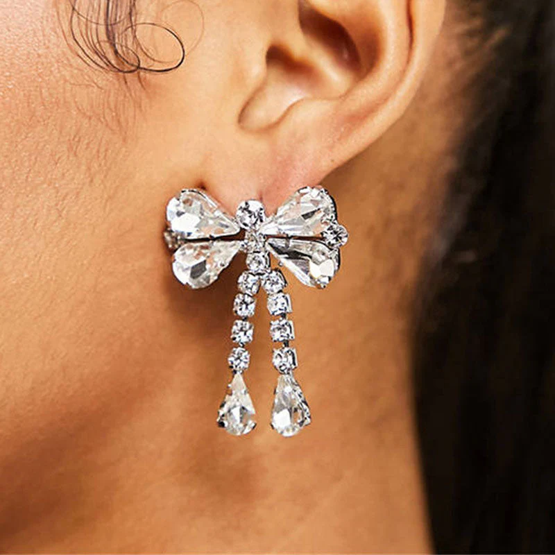 Cute Plated Rhinestone Embellished Bow Motif Drop Earrings - Silver - Image 3