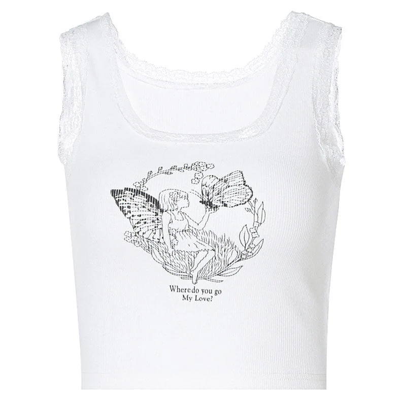 Cute Style Lace Edge Scoop Neck Rib Crop Tank Top - White - Image 3