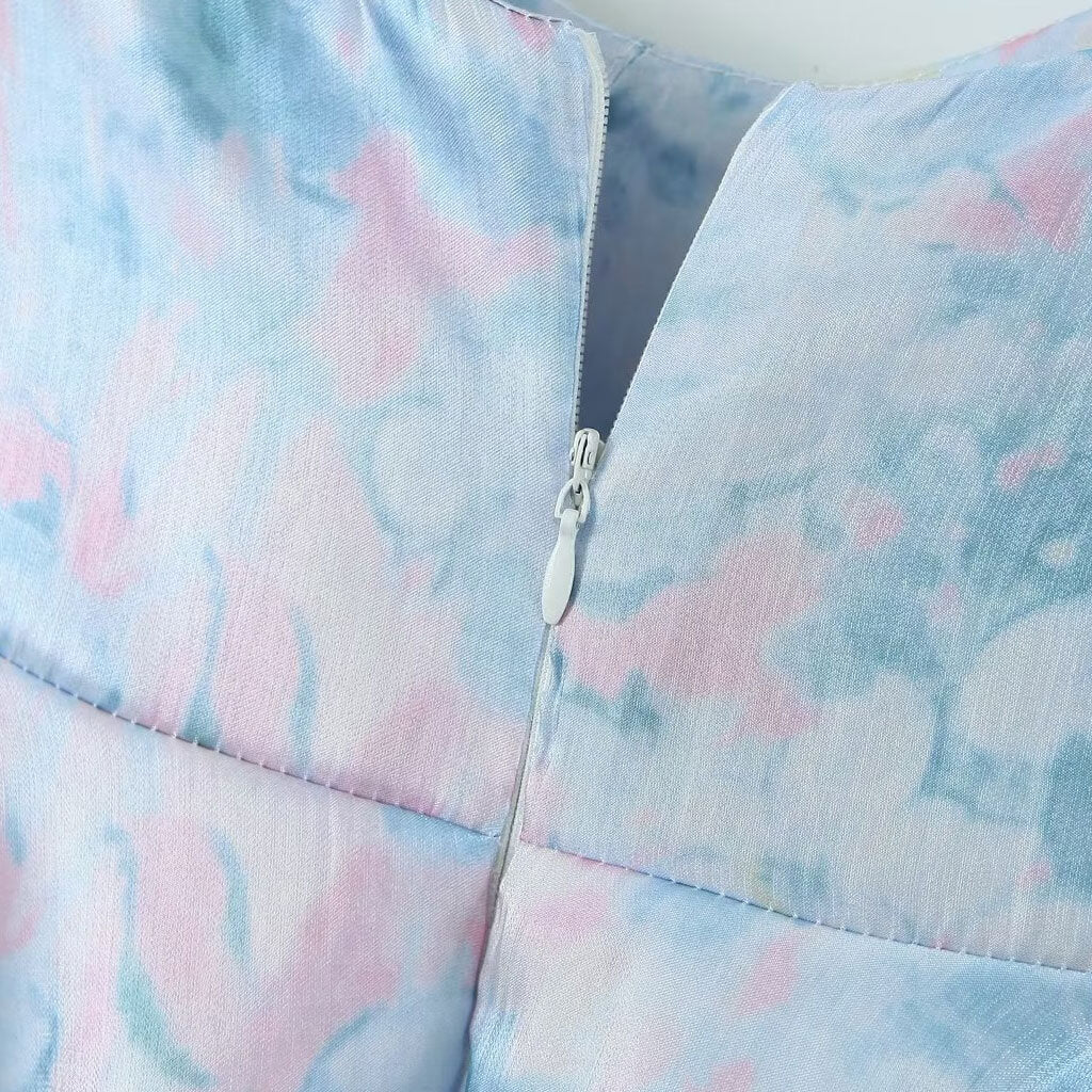 Cute Tie Dye Printed Sweetheart Neck Puff Sleeve Fit and Flare Summer Mini Dress - Image 4