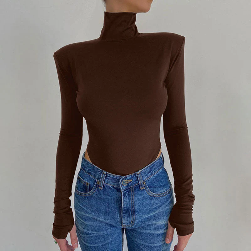 Cutout Back Long Sleeve High Cut Turtleneck Bodysuit - Coffee - Image 3