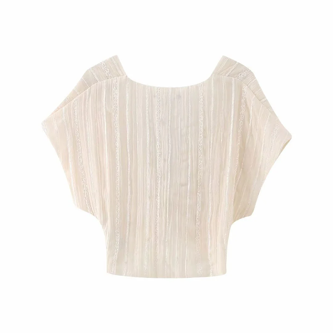 Dainty Lace Panel Deep V Twist Trim Dolman Sleeve Crop Top - Beige - Image 3
