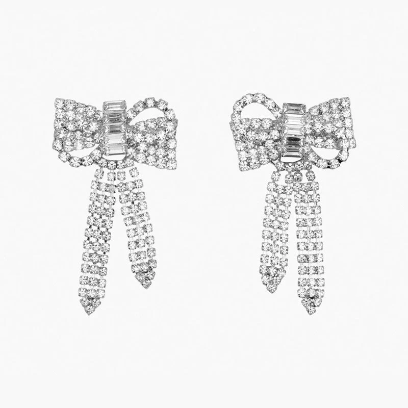 Dainty Plated Crystal Embellished Bow Drop Earrings - Silver