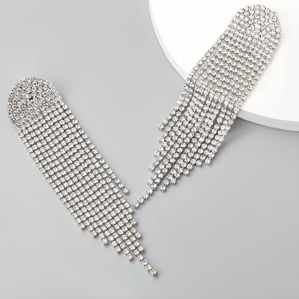 Dangling Rhinestone Embellished Long Tassel Drop Earrings - Silver - Image 3