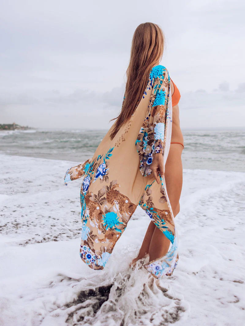Beachwear Cotton Floral Print With Big Bird on Brown Color Long Length Gown Kimono Duster Robe - Image 4