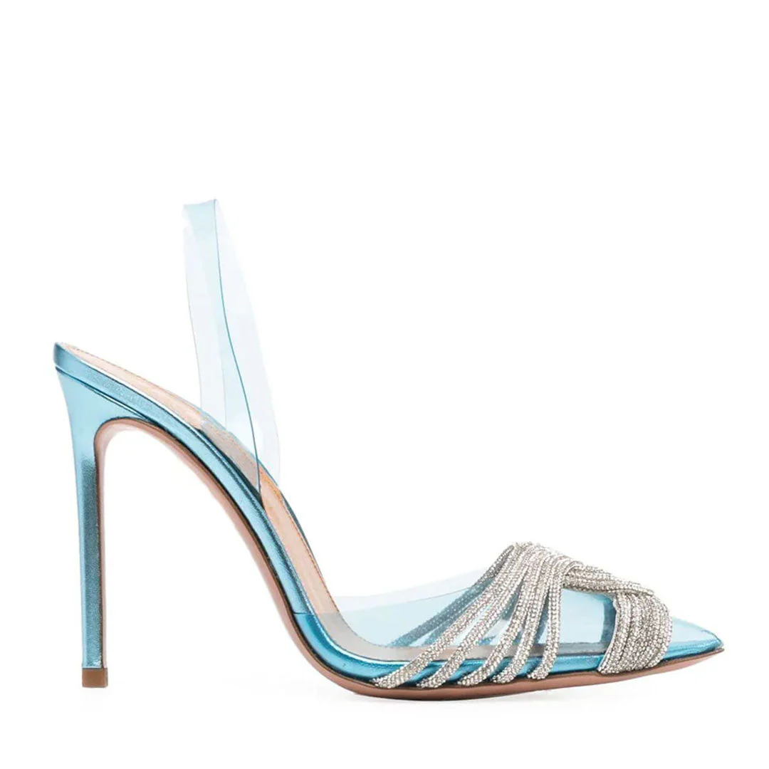 Dazzling Rhinestone Twist Front Pointed Toe PVC High Heel Pumps - Blue - Image 3