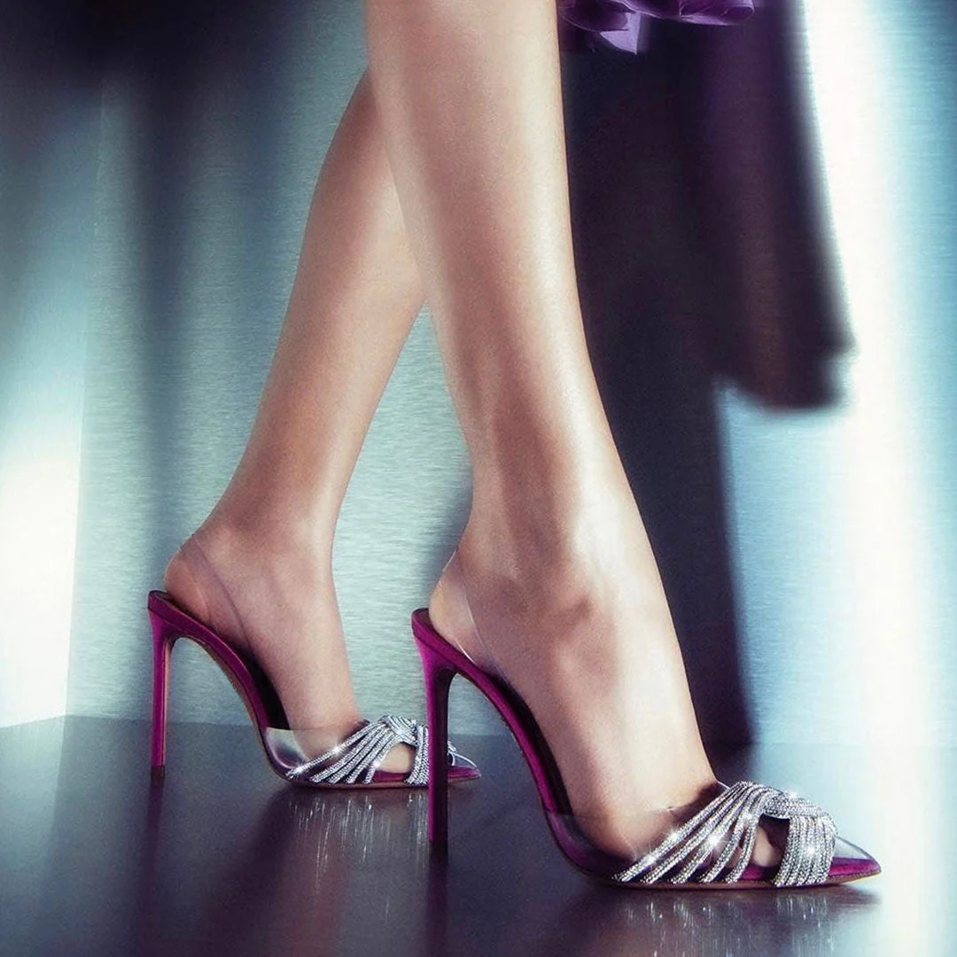 Dazzling Rhinestone Twist Front Pointed Toe PVC High Heel Pumps - Pink - Image 2