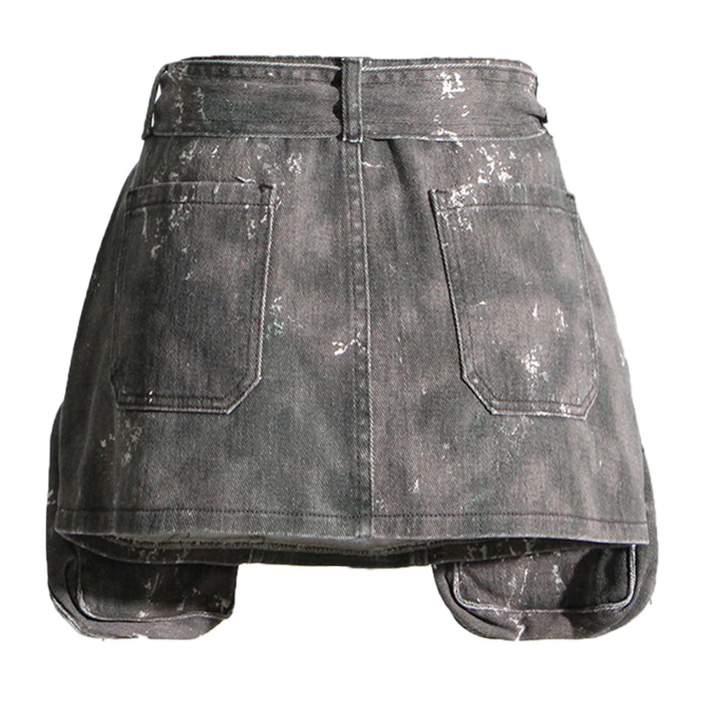 Deconstructed Cargo Pocket Distressed Print Belted High Waist Denim Mini Skirt - Image 2