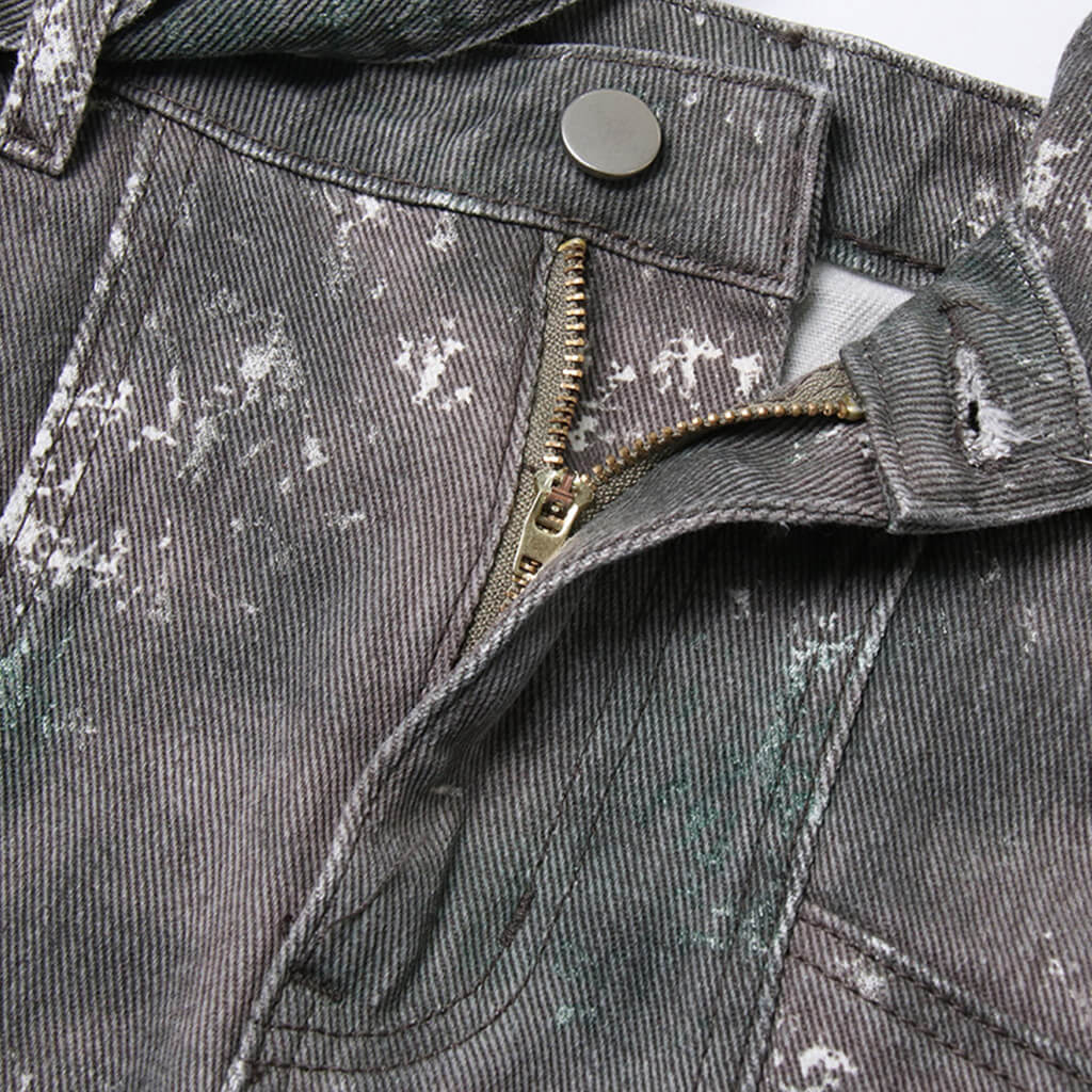 Deconstructed Cargo Pocket Distressed Print Belted High Waist Denim Mini Skirt - Image 3