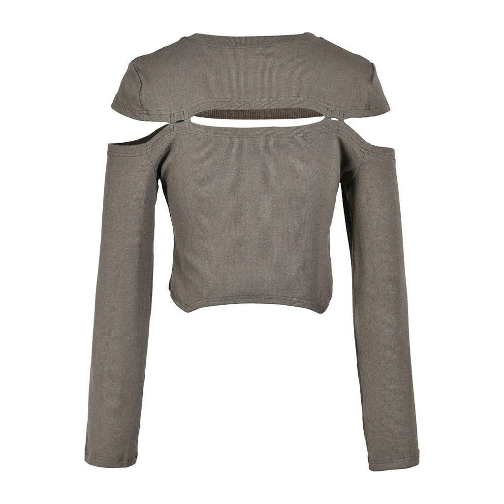 Deconstructed Crew Neck Split Trim Long Sleeve Rib Knit Asymmetric Crop Top - Image 3