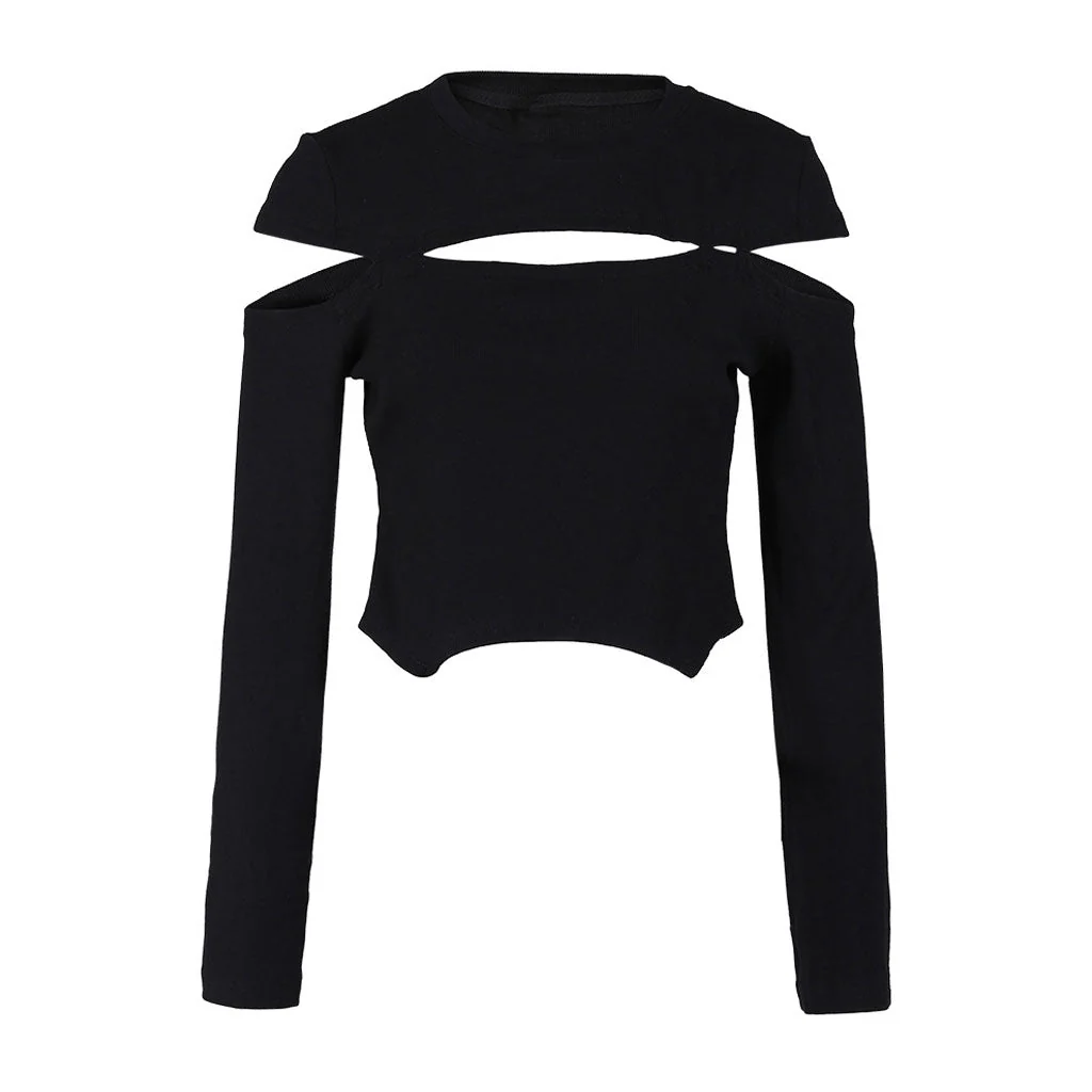 Deconstructed Crew Neck Split Trim Long Sleeve Rib Knit Asymmetric Crop Top - Image 4