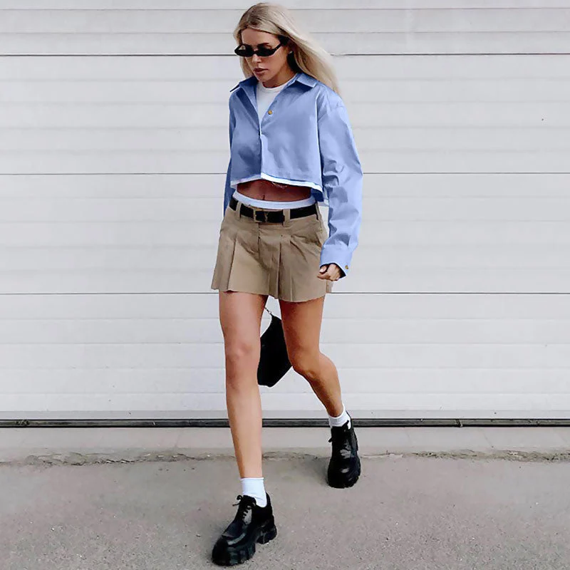 Deconstructed Distressed Trim Button Up Long Sleeve Collared Crop Shirt - Blue - Image 2