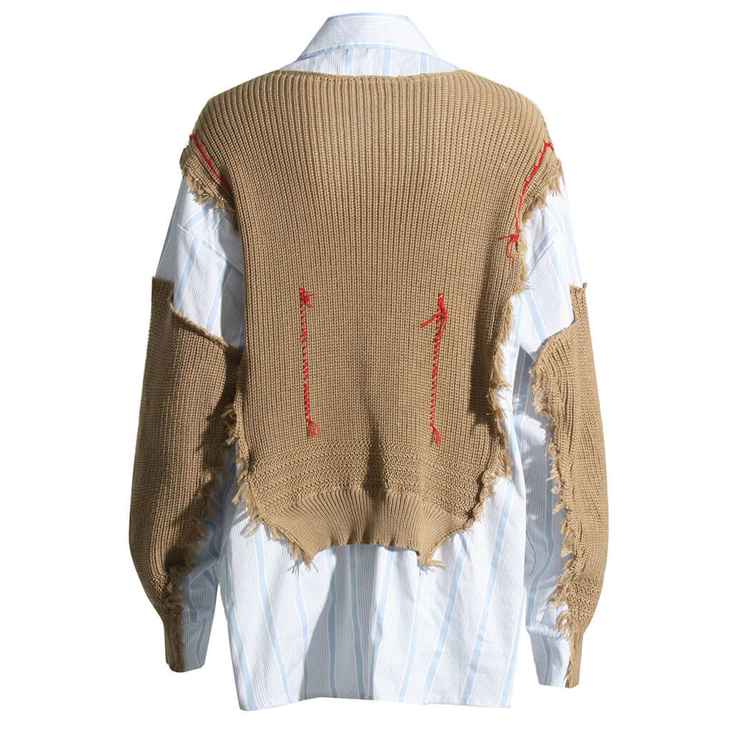 Deconstructed Frayed Trim Contrast Stitch Layer Effect Oversized Shirt - Stripe - Image 3