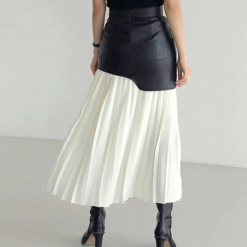 Deconstructed High Rise Vegan Leather Layered Midi Pleated Skirt - White - Image 3