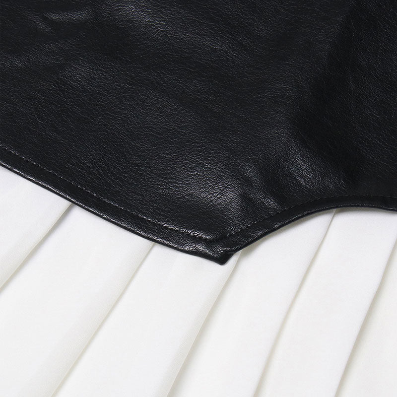 Deconstructed High Rise Vegan Leather Layered Midi Pleated Skirt - White - Image 5