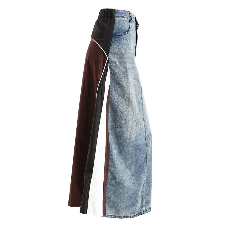 Deconstructed Hybrid Contrast Patchwork Mid Waist A Line Maxi Denim Skirt - Image 2