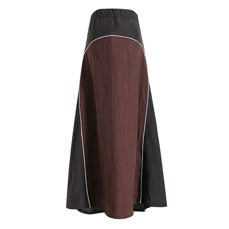Deconstructed Hybrid Contrast Patchwork Mid Waist A Line Maxi Denim Skirt - Image 3