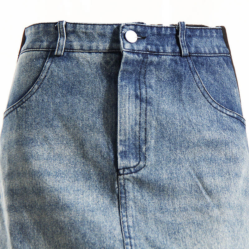 Deconstructed Hybrid Contrast Patchwork Mid Waist A Line Maxi Denim Skirt - Image 4