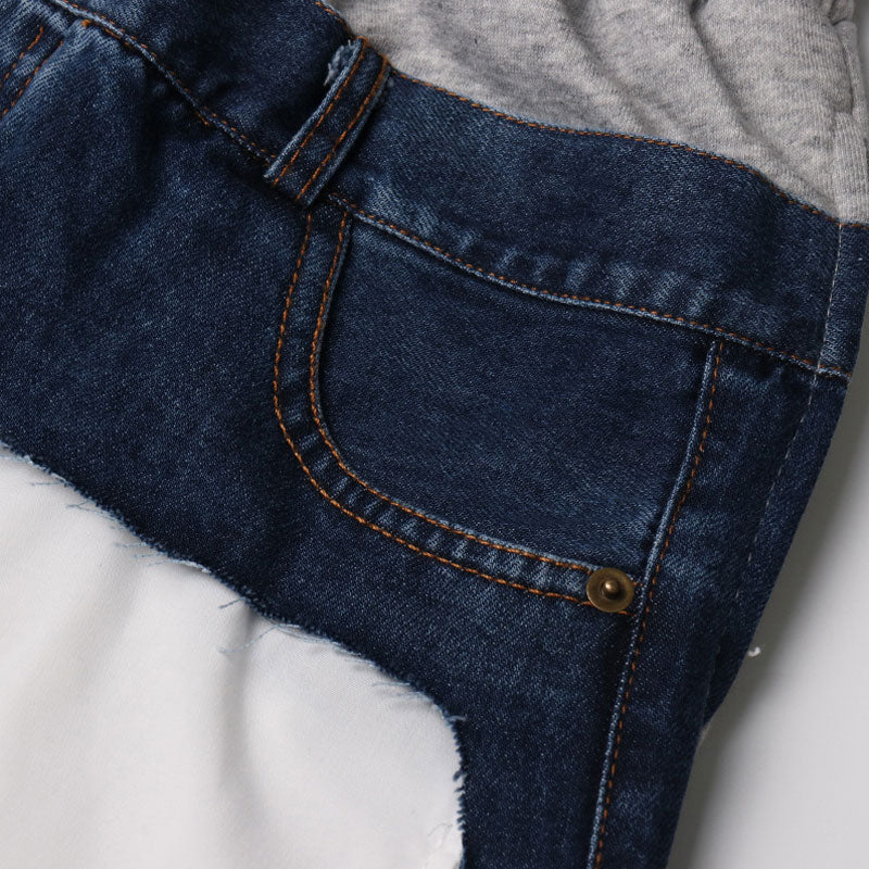 Deconstructed Inverted Pocket Denim Applique High Waist Sweatpants - Image 5