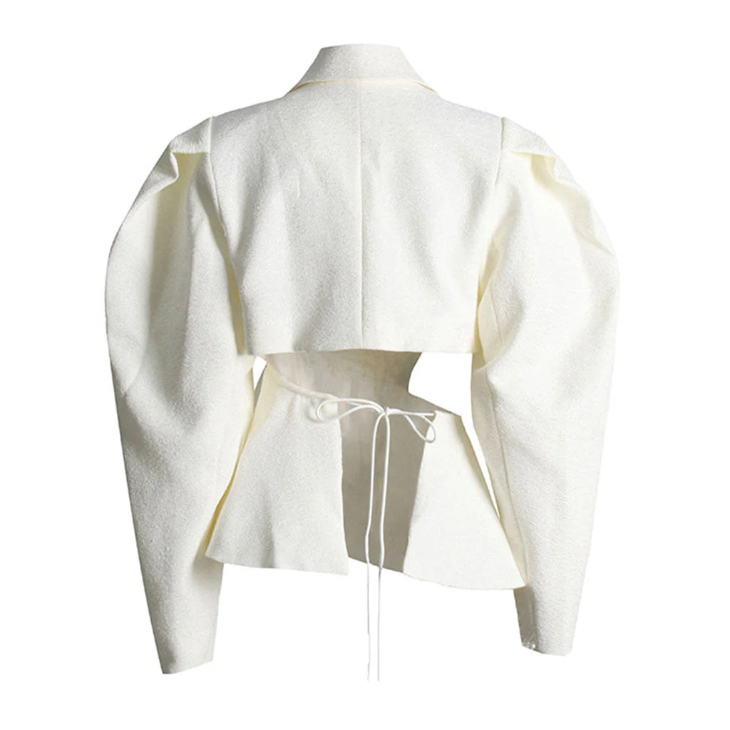 Deconstructed Ruffle CutOut Side Puff Sleeve Asymmetrical Peplum Jacket - Image 2
