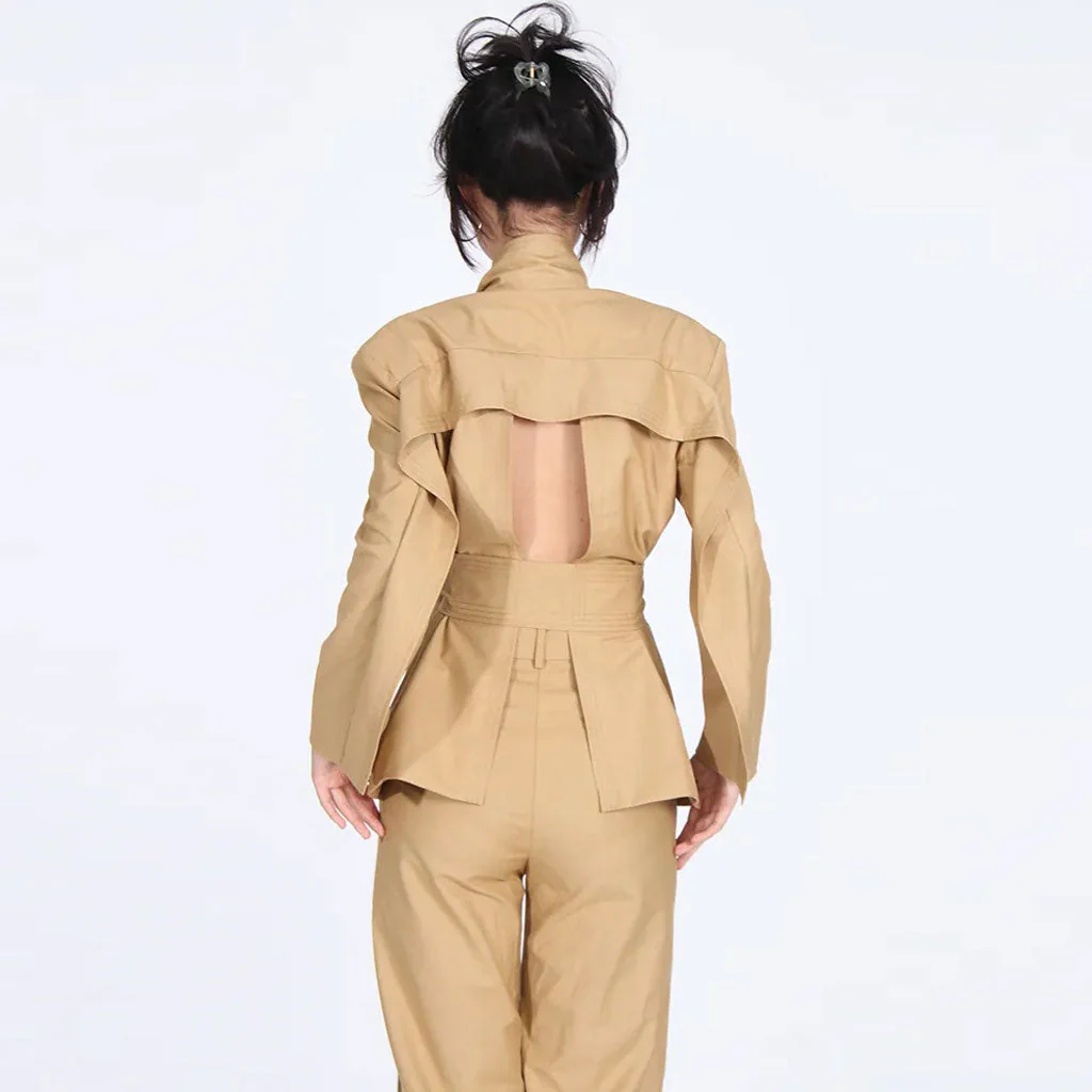 Deconstructed Tie Collar Shoulder Pad Single Breasted Cut Out Back Belted Blazer - Image 2