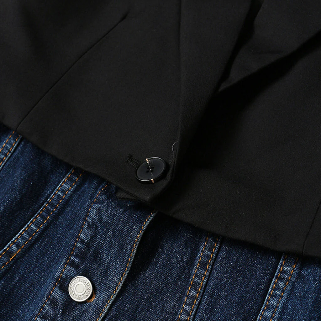 Deconstructed Two Tone Lapel Collar Single Breasted Hybrid Layered Denim Blazer - Image 3