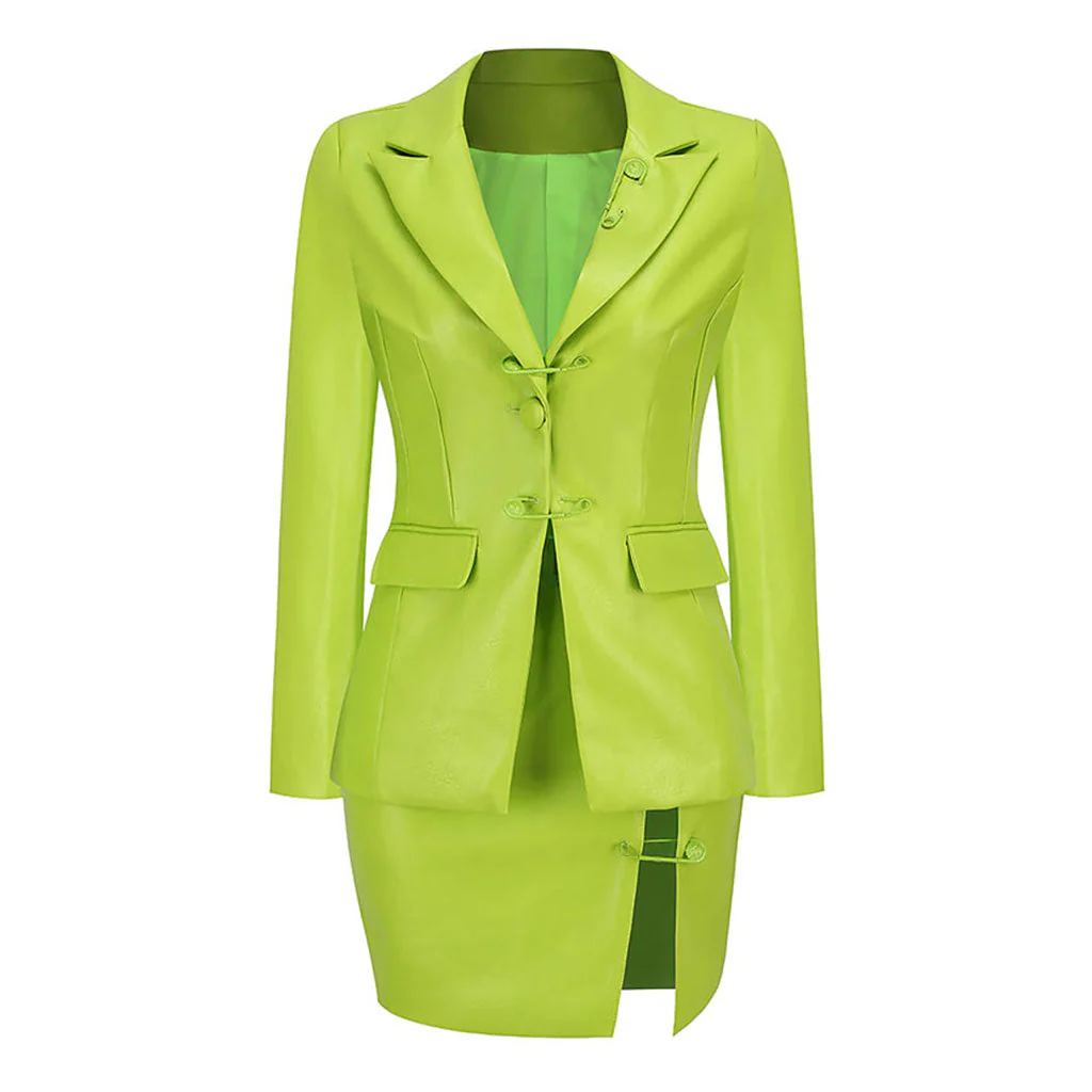 Deconstructed Vegan Leather Safety Pin Blazer High Waist Skirt Matching Set - Image 3