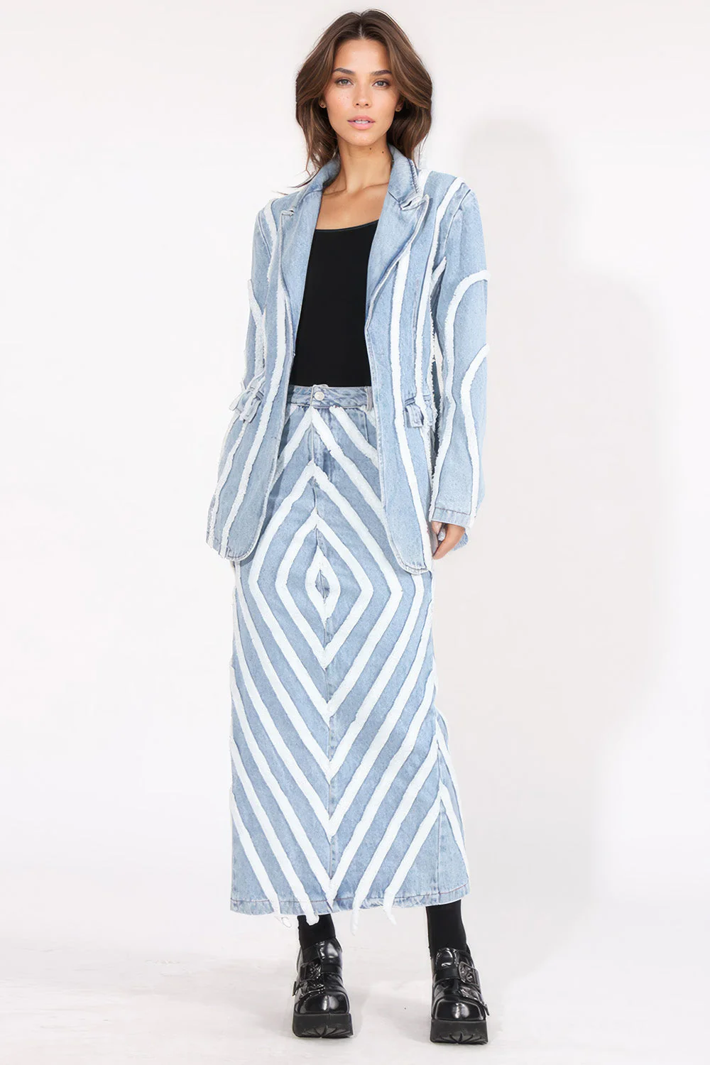 Denim Blazer with Textured Details - Light Blue - Image 2