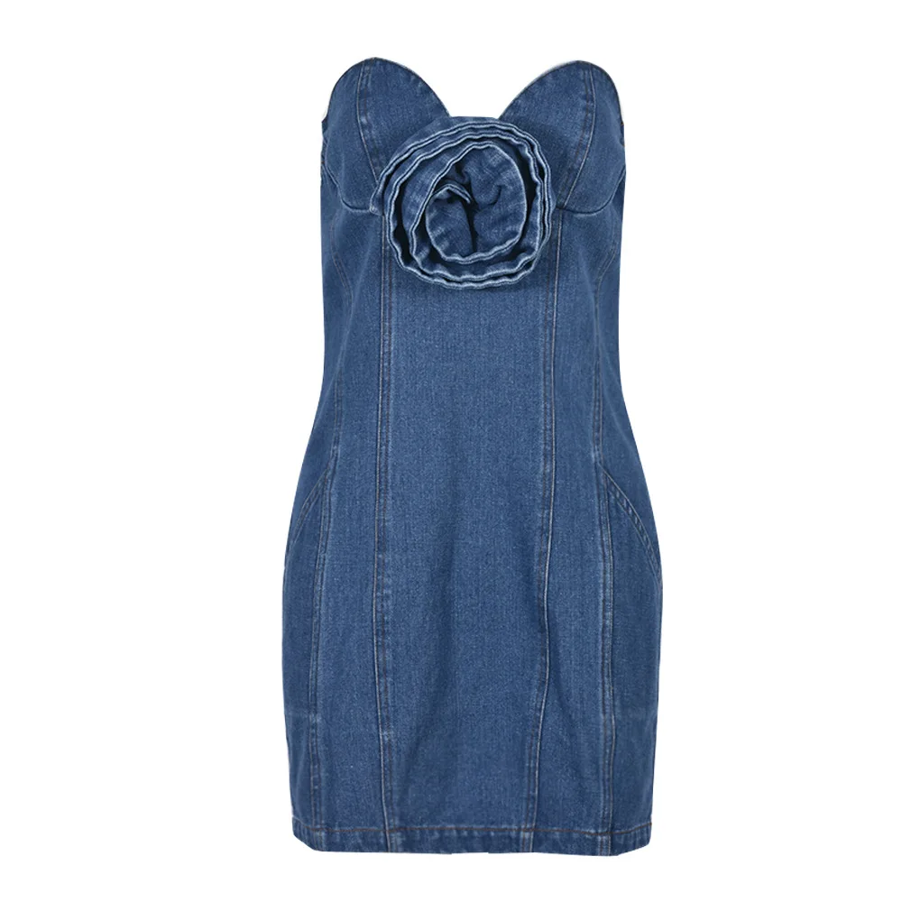 DENIM SleeveLESS Mini Dress with FLowER DETAIL - Image 2