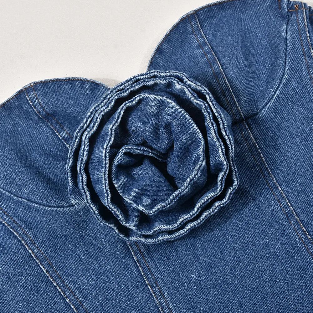 DENIM SleeveLESS Mini Dress with FLowER DETAIL - Image 5