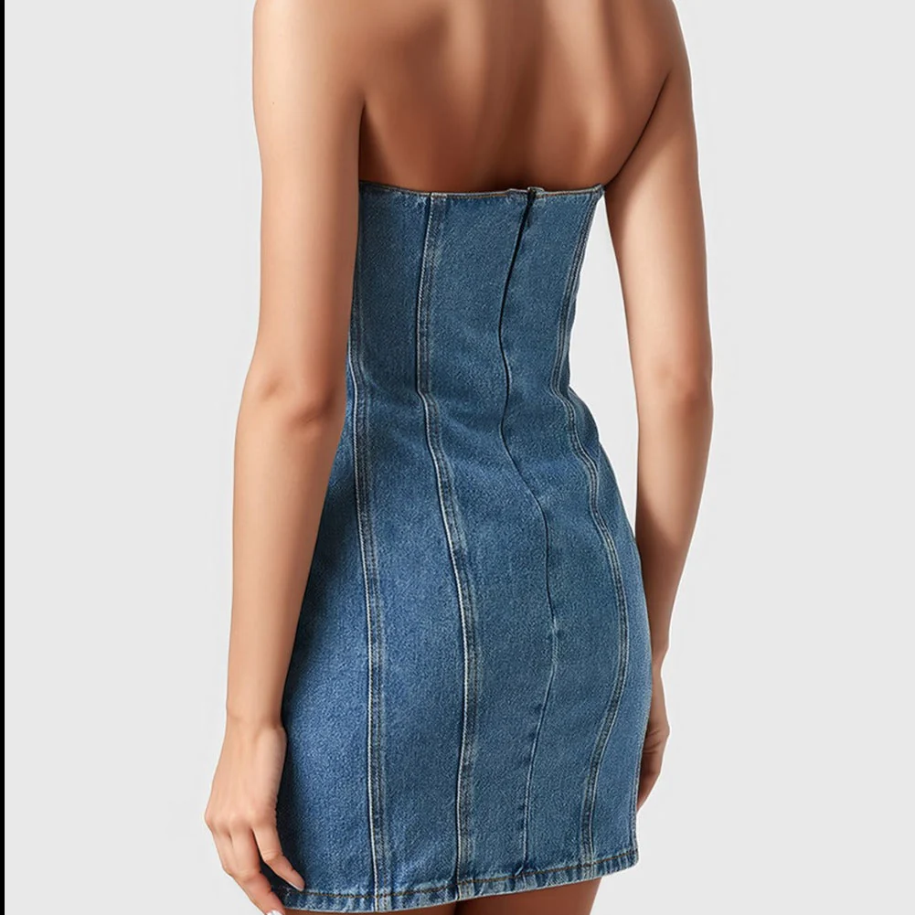 DENIM SleeveLESS Mini Dress with FLowER DETAIL - Image 9