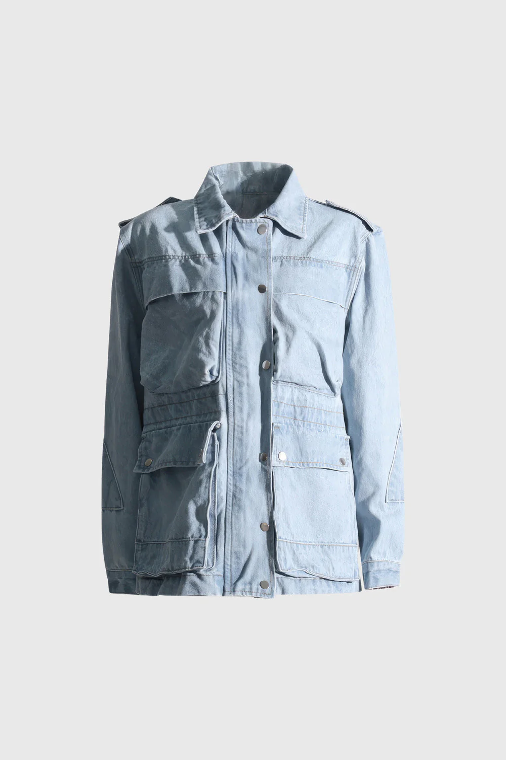 Denim Jacket with Pockets and Elastic Waist - Blue - Image 2